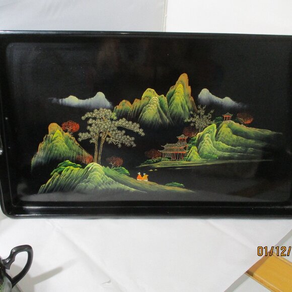 23 Piece Vintage Asian Chinese Black Lacquerware Tea Set Tray Cups Pot Oriental - Picture 4 of 16